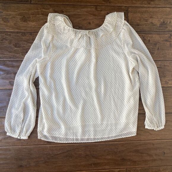 Loft Ivory Black & White Polka Dot Blouse Womens Large Petite Ruffle Collar - Picture 3 of 8